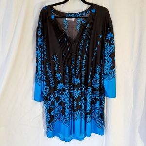 Serengeti top/tunic or short dress. Black & turquoise Long sleeve pleated front.